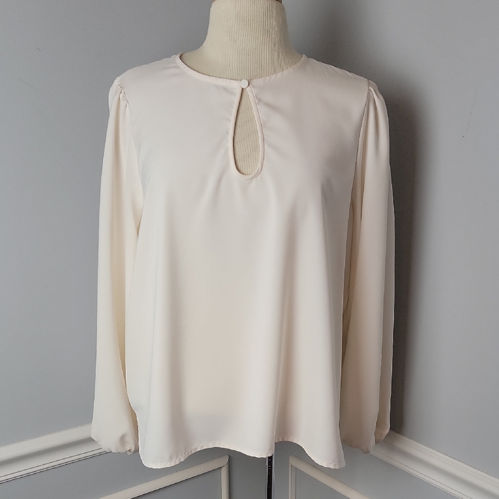 J.CREW Ivory‎ Puff-Sleeve Satin-Back Crepe Drapey Keyhole Office Casual Blouse L